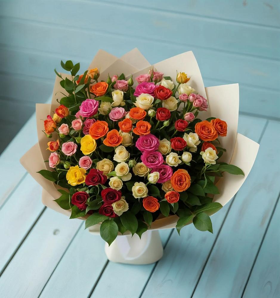 Букет Микс из разноцветных кустовых роз в Солдатском