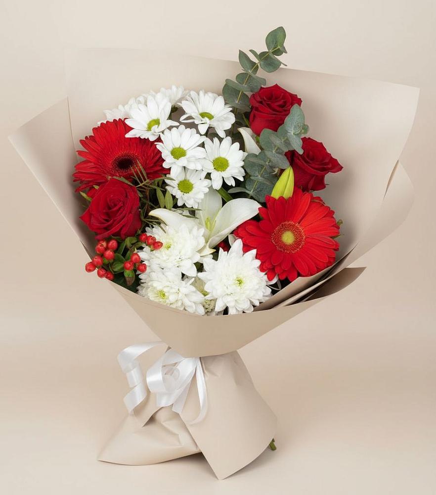 Букет цветов из: Розы, Хризантемы, Герберы и Лилии в Солдатском