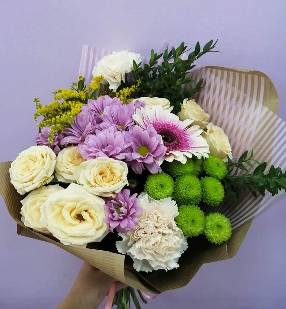 Букет цветов из: Хризантемы, Розы, Гвоздики и Герберы в Солдатском