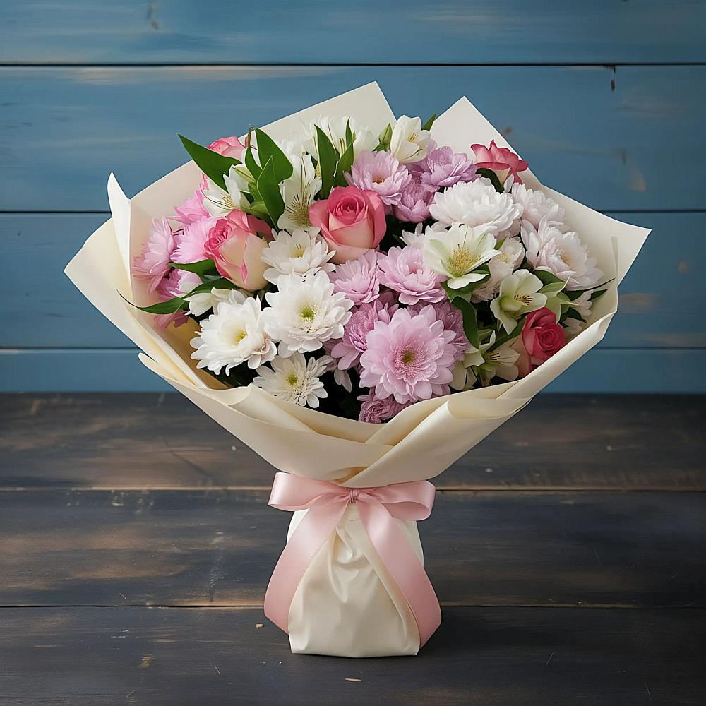 Букет цветов из: Хризантемы, Альстромерии и Розы в Солдатском